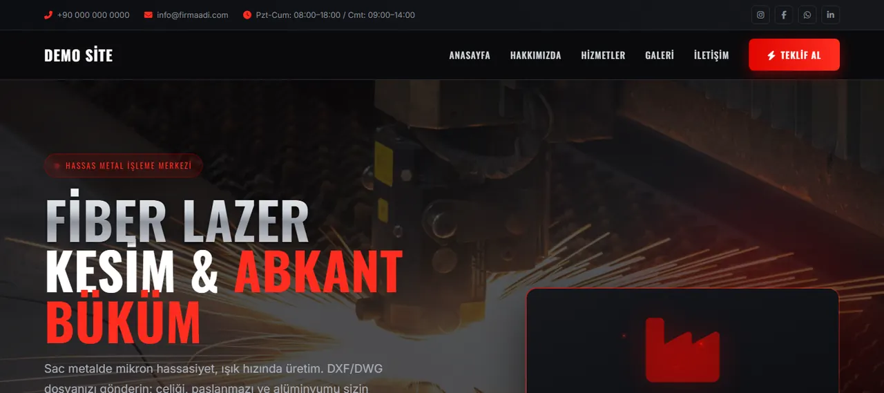 Metal lazer kesim temasının demo anasayfası