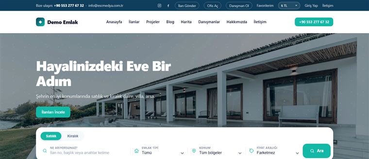 ESC Medya emlak altyapısıyla kurulmuş demo emlak sitesi