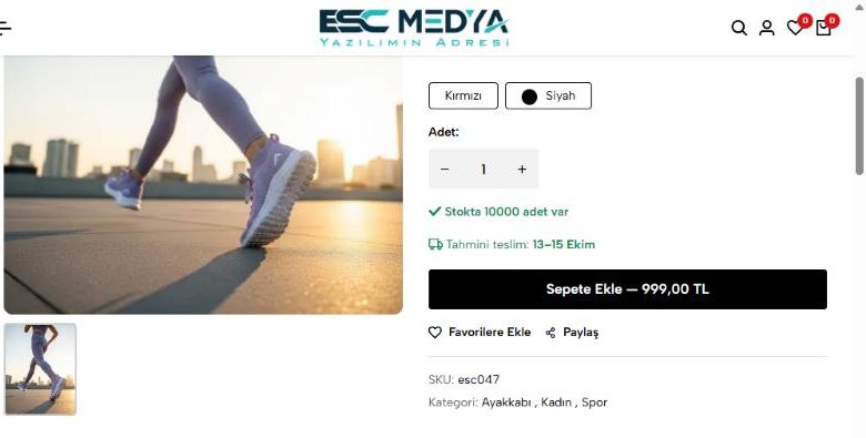 Test mağazasında ürün sayfası: stok bilgisinin altında “Tahmini teslim: 13–15 Ekim” (9 Ekim 2026).